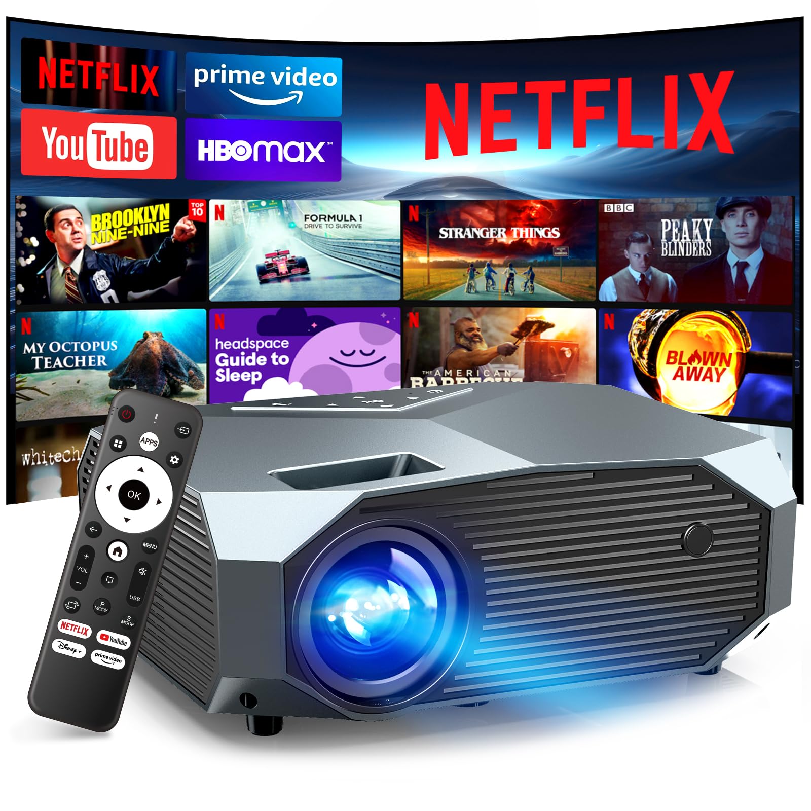 [Netflix Officially/High Brightness] Smart Projector with WiFi 6 and Bluetooth 5.3, 4K Outdoor Movie Projector with NETFLIX/Prime Video/YouTube, Portable Proyector Compatible with HDMI/USB/iOS/Android