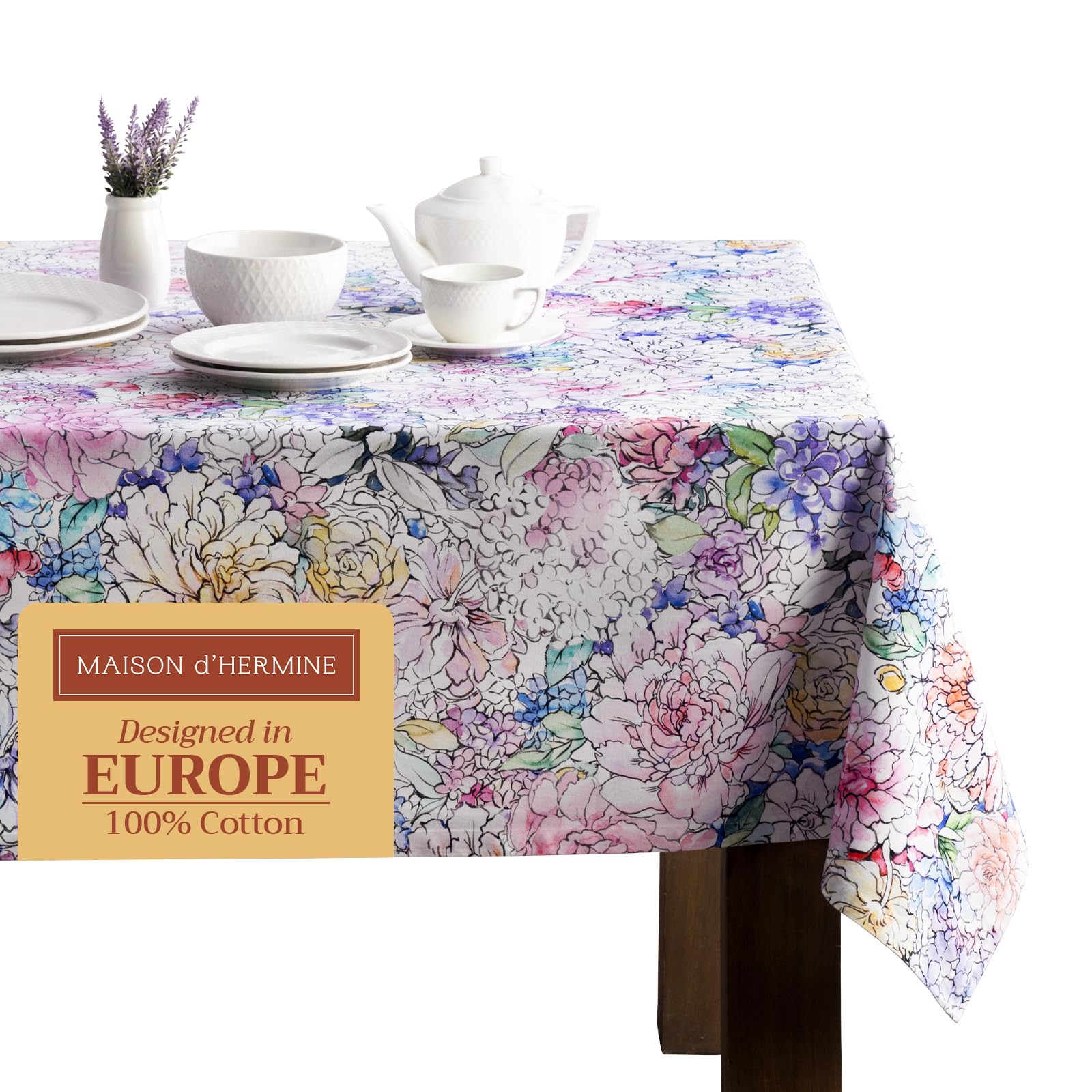 Maison d' Hermine Table Cloth Rectangle Table 100% Cotton 230 cm x 140 cm Tablecloth Reusable Everyday Use for Dining Farmhouse Home Party Festive Gifts for Mothers Day (Floral Love)
