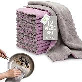 DSYSC 12 Pack Dish Cloths, Double-Sided Coral Fleece Kitchen Washcloths | Ultra Absorbent &amp; Lint-Free Dish Rags for Drying Dishes and Countertops, 12x12 Inch, Purple Gray