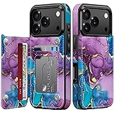 Goodon for iPhone 17 Pro Case Wallet - Flip Folio Leather Cover with Trendy Floral Design, 3 Card Slots & Kickstand Function, Stylish Protective Phone Case for Women and Girls - Teal Purple Marble