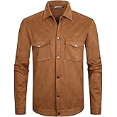 Alex Vando Mens Suede Shirt Jackets Long Sleeve Two Pockets Snap Casual Button Down Shirts
