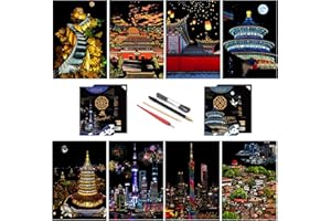 PAITUEND Scratch Rainbow Painting Art Postcards, Scratch & Sketch Art Kit for Kids & Adults, Creative Gift Art & Craft Set, Includes 4 Tools, 8 Sheets, 7.8''x5.5'' (Travel China Series 1)