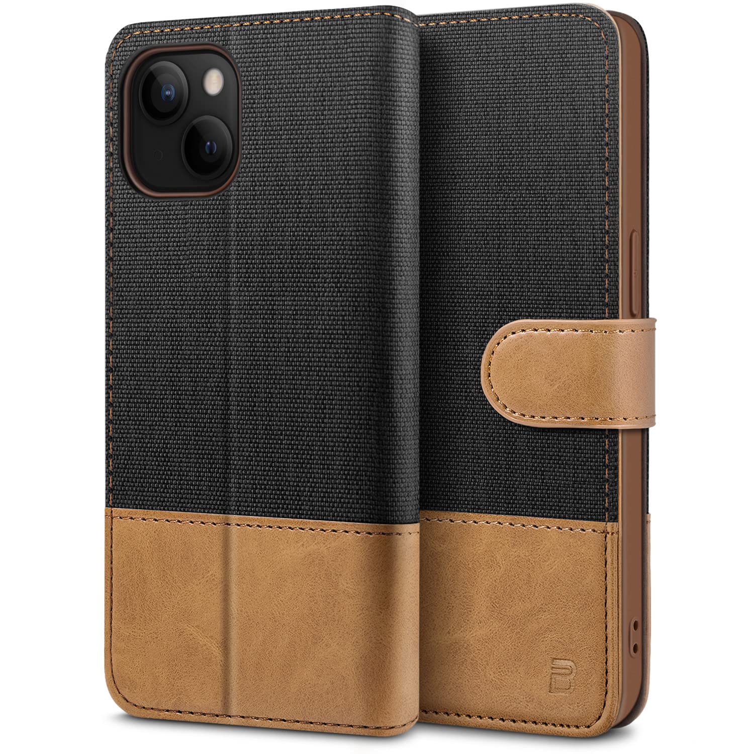 BEZ Case for iPhone 13, iPhone 13 Phone Case Compatible with iPhone 13, Flip Wallet Cover [Canvas Faux Leather] with Credit Card Holders, Kick Stand, Magnetic Strap Closure, Black