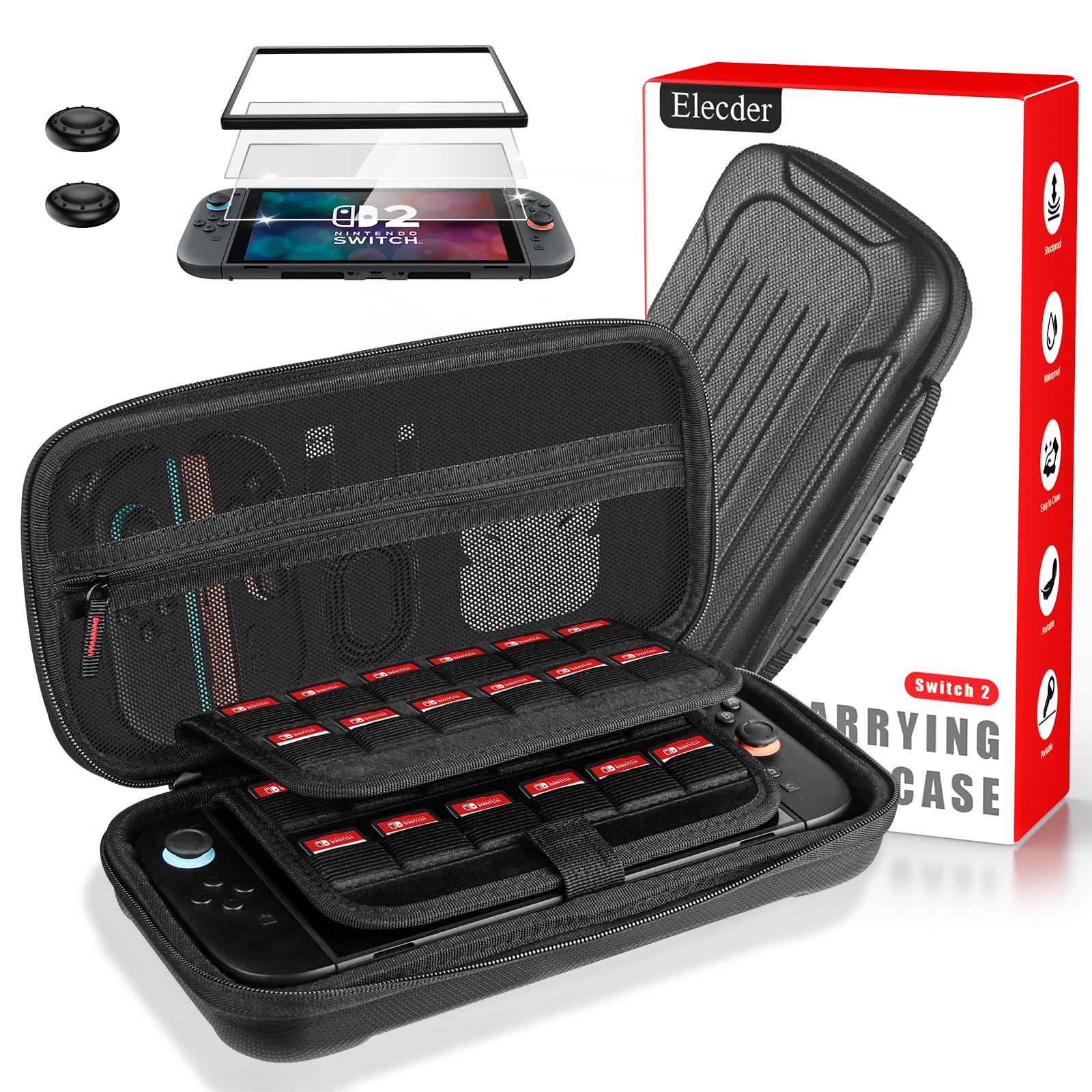ELECDER for Nintendo Switch 2 Case Black - Protective Carrying Case with 24 Games Cartridges, 2 Screen Protectors, 2 Thumb Grip Caps, Hard Shell Carry Travel Pouch Bag for Console, Accessories