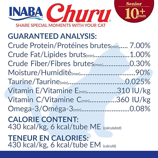 INABA CHURU FOR SENIOR 10+, CREAMY LICKABLE CAT TREATS WITH TAURINE, VITAMIN E & C, 0.5 OUNCES EACH, 60 TUBES, TUNA & CHICKEN VARIETY