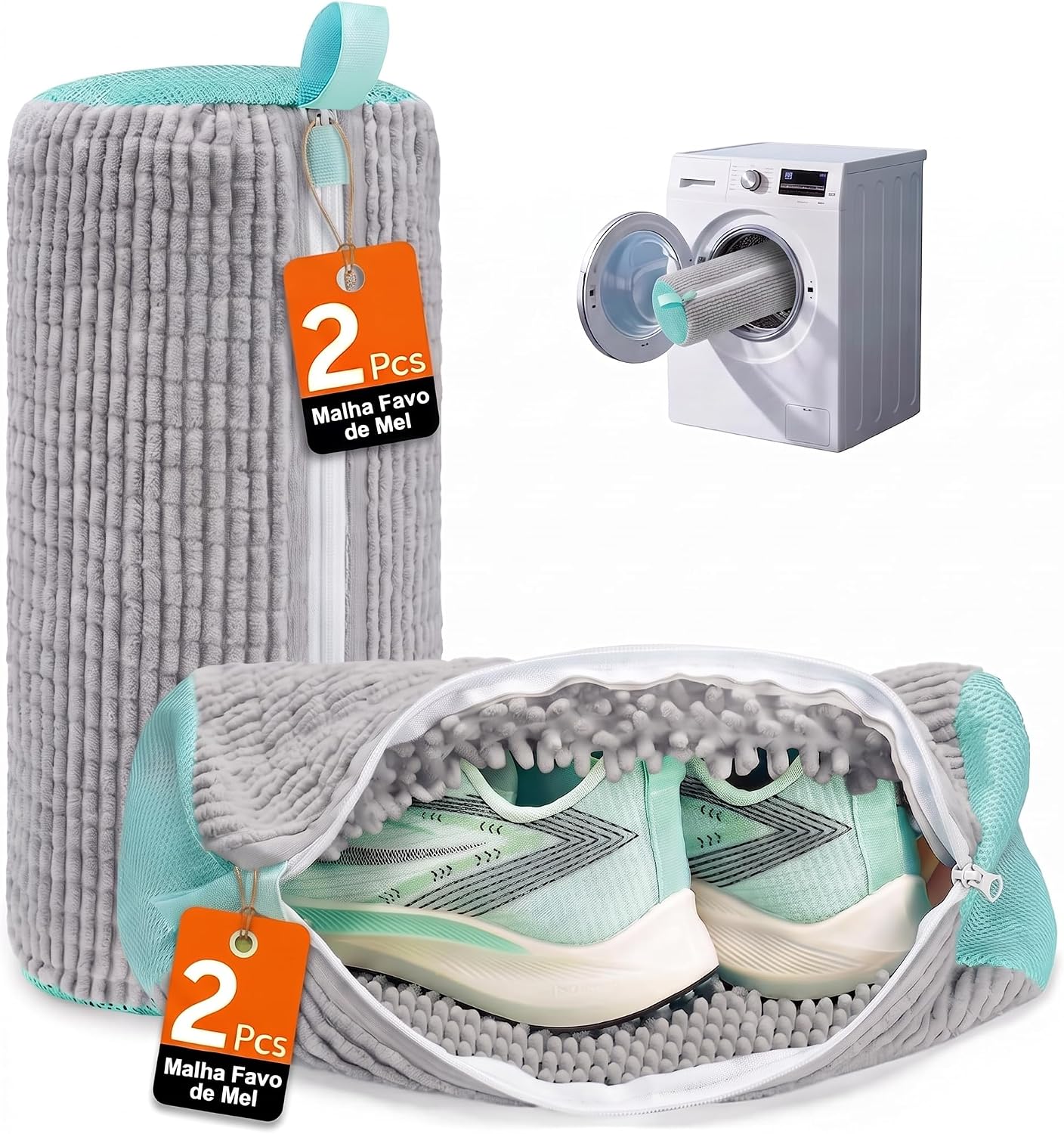 Kit 2 Saco para Lavar Tênis para Calçados (Cinza) | Saco Reutilizável para Máquina de Lavar, Kit 2 Unidades, Limpeza 360°, Todos os Modelos de Calçados