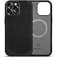 Belemay Compatible with iPhone 13 Pro Leather Case with Magsafe, Vintage Premium Crazy Horse Leather, Rich Patina, Comfortable Grip, Metal Buttons & Lens Protector, Slim Fit Cover (6.1-inch) - Black