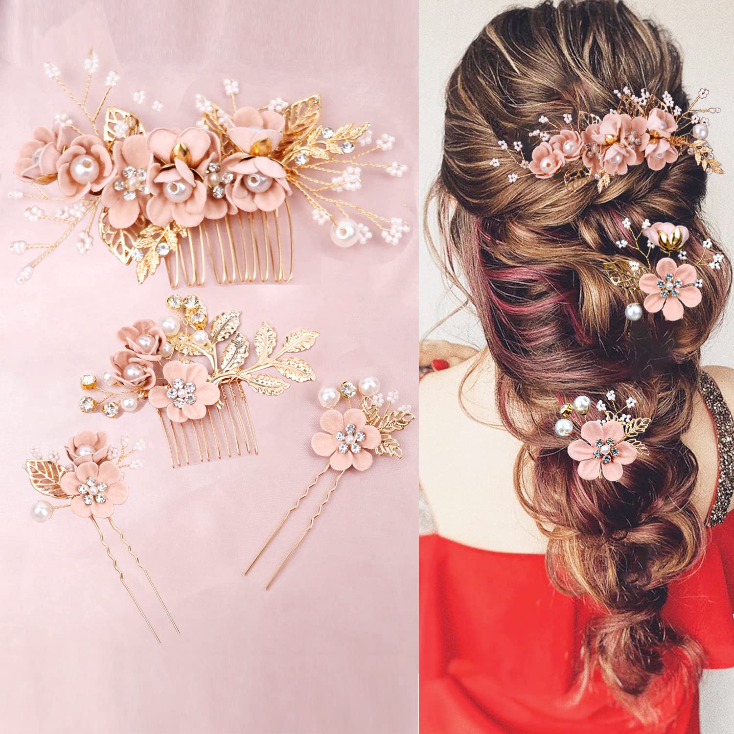 Photo 1 of 4 Pieces Pink Bridal Flower Wedding Hair Pins Crystal Pearl Hair Pins Clips Headpiece Gold Wedding Hair Accessories Jewelry with Rhinestone for Brides Bridesmaids Women Girls Updo