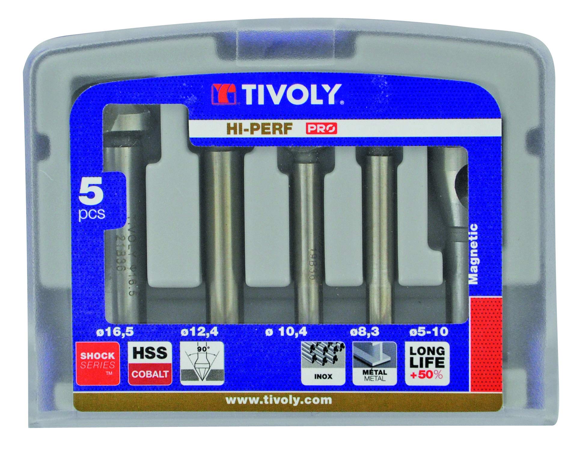Tivoly Set of 4 Walnut Cutters DIN 335C HSS Cobalt 5% at 90° Diameter 8, 3 to 16, 5 mm + 1 Deburring Bit 5-10