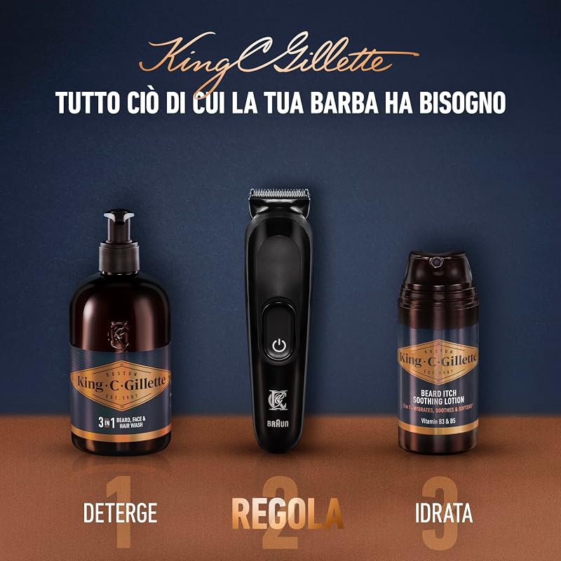 King C. Gillette Rasoio Elettrico Barba, Regolabarba Uomo Senza Fili con 5 Pettini Intercambiabili, 1 Spazzolina di Pulizia, 1 Caricatore e 1 Custodia con Zip