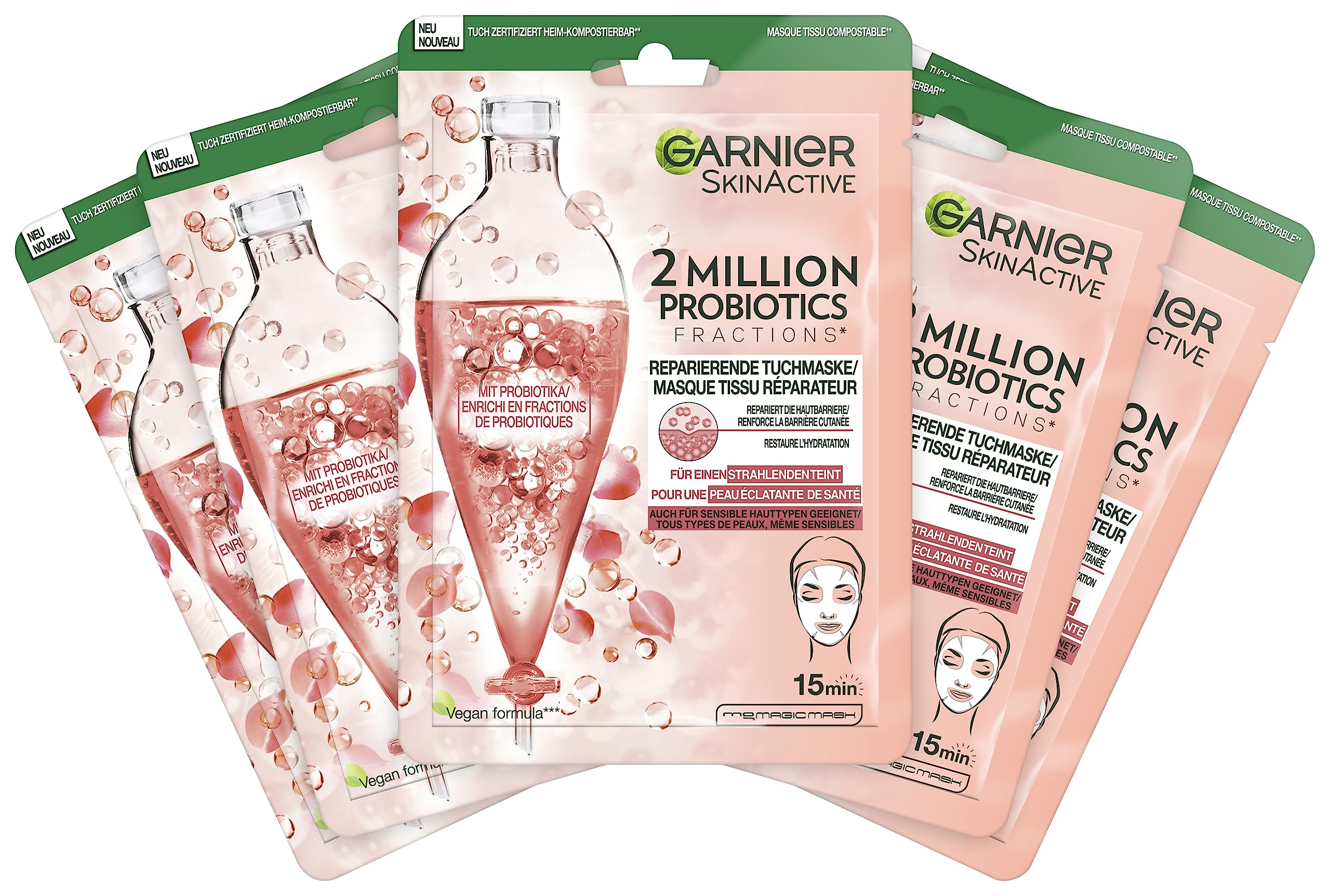 Garnier SkinActive 2 Million Probiotics Repairing Cloth Mask, Face Mask Against Dry, Dull and Matte Skin, for More Glow and More Moisture, Pack of 5