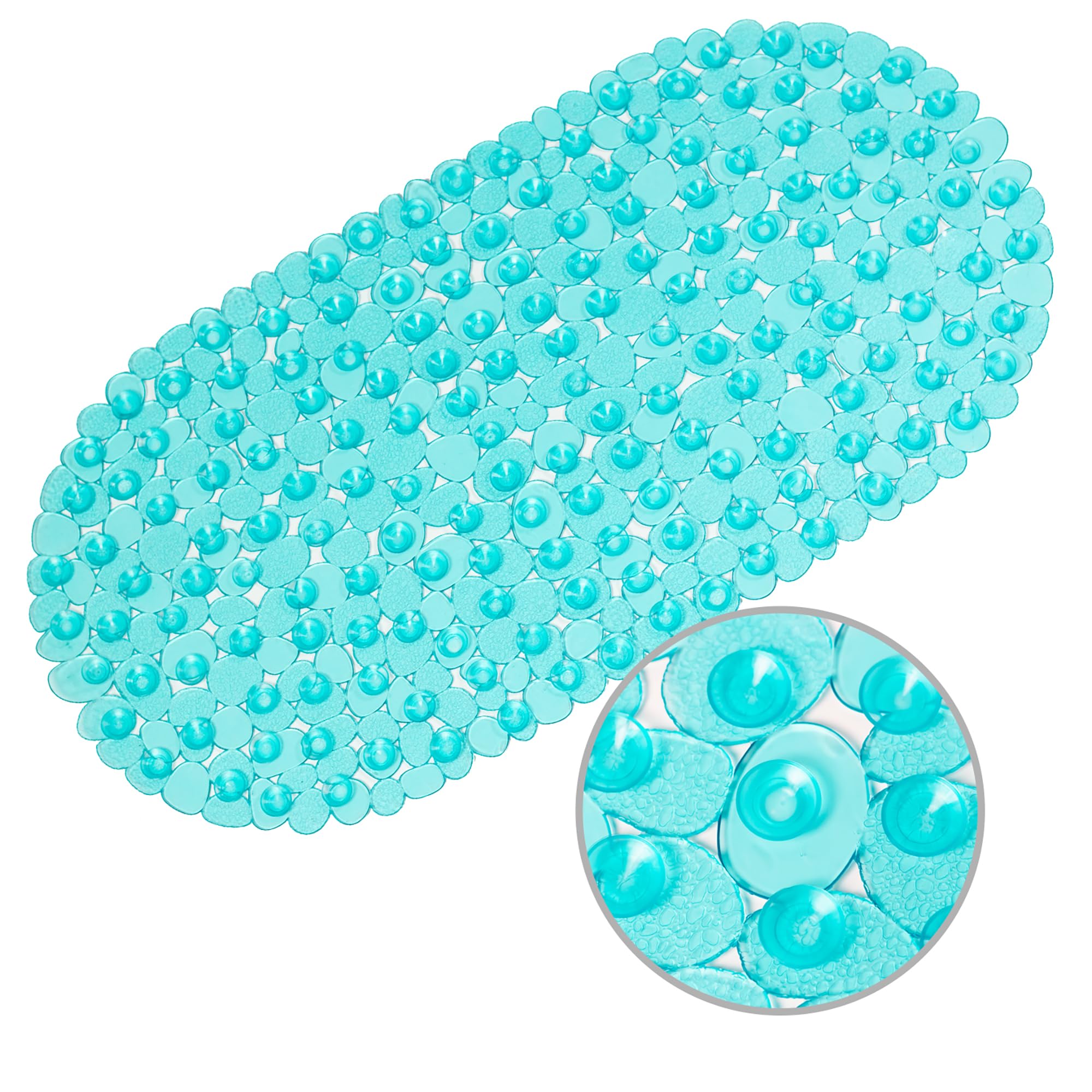 WELTRXE Bath Mats Non Slip Shower Mat, Anti-Mould Anti Slip Bathtub Mat Frosted Pebble PVC Oval Bathroom Mat with Grip Suction Cups & Drain Holes, Machine Washable, Aqua, 69 x 36 cm