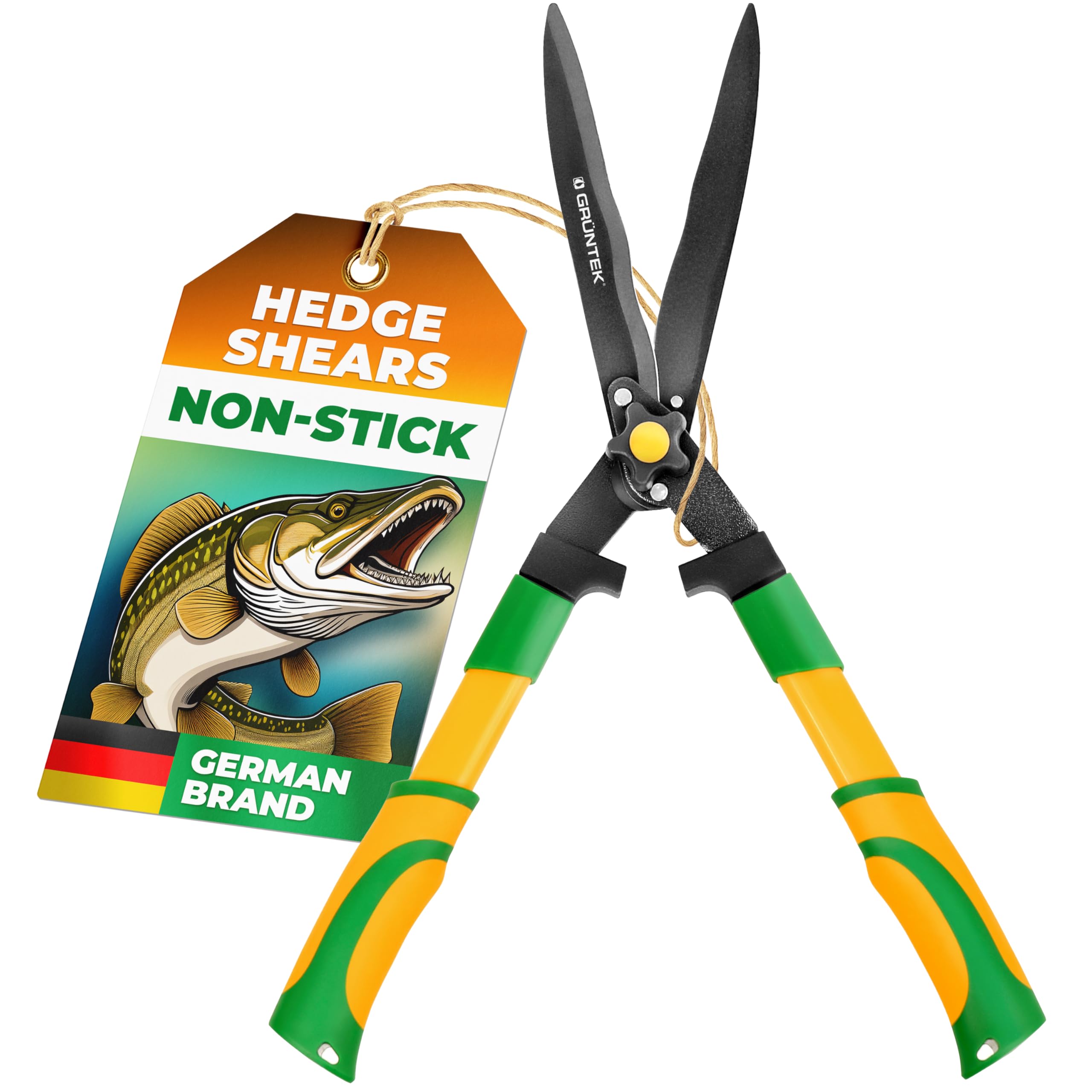 GRÜNTEK Hedge Shears Pike (Hecht) 560 mm – Double Teflon-Coated SK5 Blades with Serrated Edges | Ergonomic Garden Shrub Shears