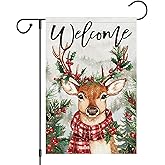 Heyfibro Welcome Christmas Garden Flag 12x18 Inch Double Sided Burlap, Winter Reindeer Holly Yard Flags for Holiday Xmas Seasonal Outdoor Decoration(ONLY FLAG)