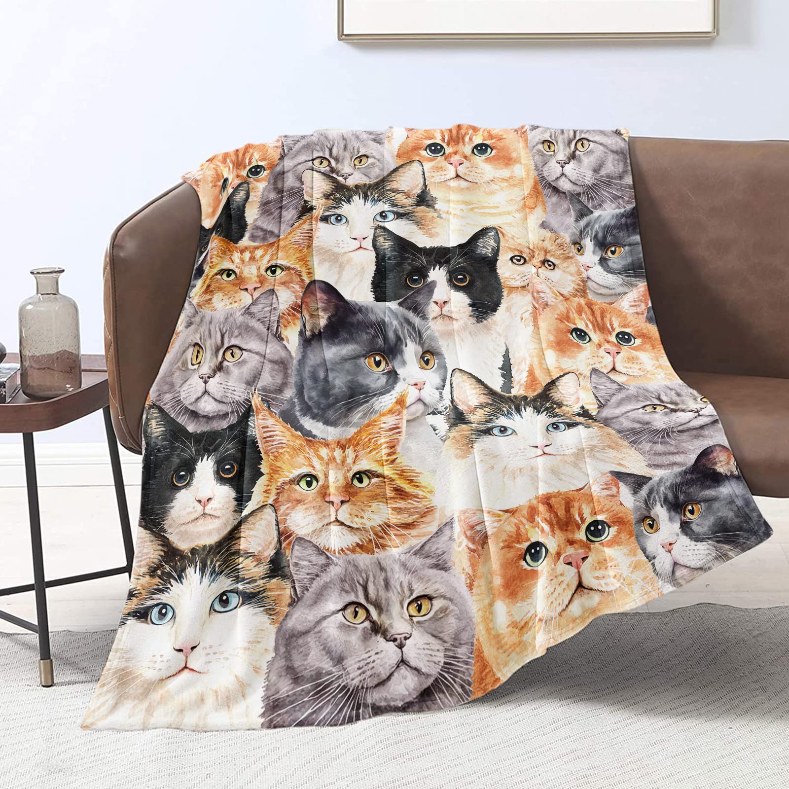 Cat Blankets for Cat Lovers Cute Cat Throw Blanket for Women Watercolor Cat Print Blankets Gifts for Adult Kids Flannel Fleece Blankets Plush Lightweight Blanket All Season Couch Sofa, 150cm x 200cm