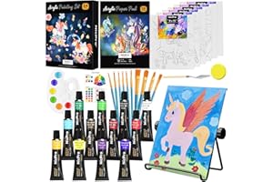 Nicpro 34PCS Kids Painting Set with Pattern Canvas, Art Painting Supplies Kit with 12 Acrylic Paints,10 Brushes,6 Canvas Panels,Table Easel,Paper Pad,Color Wheel,Palette for Beginner Student Toddlers