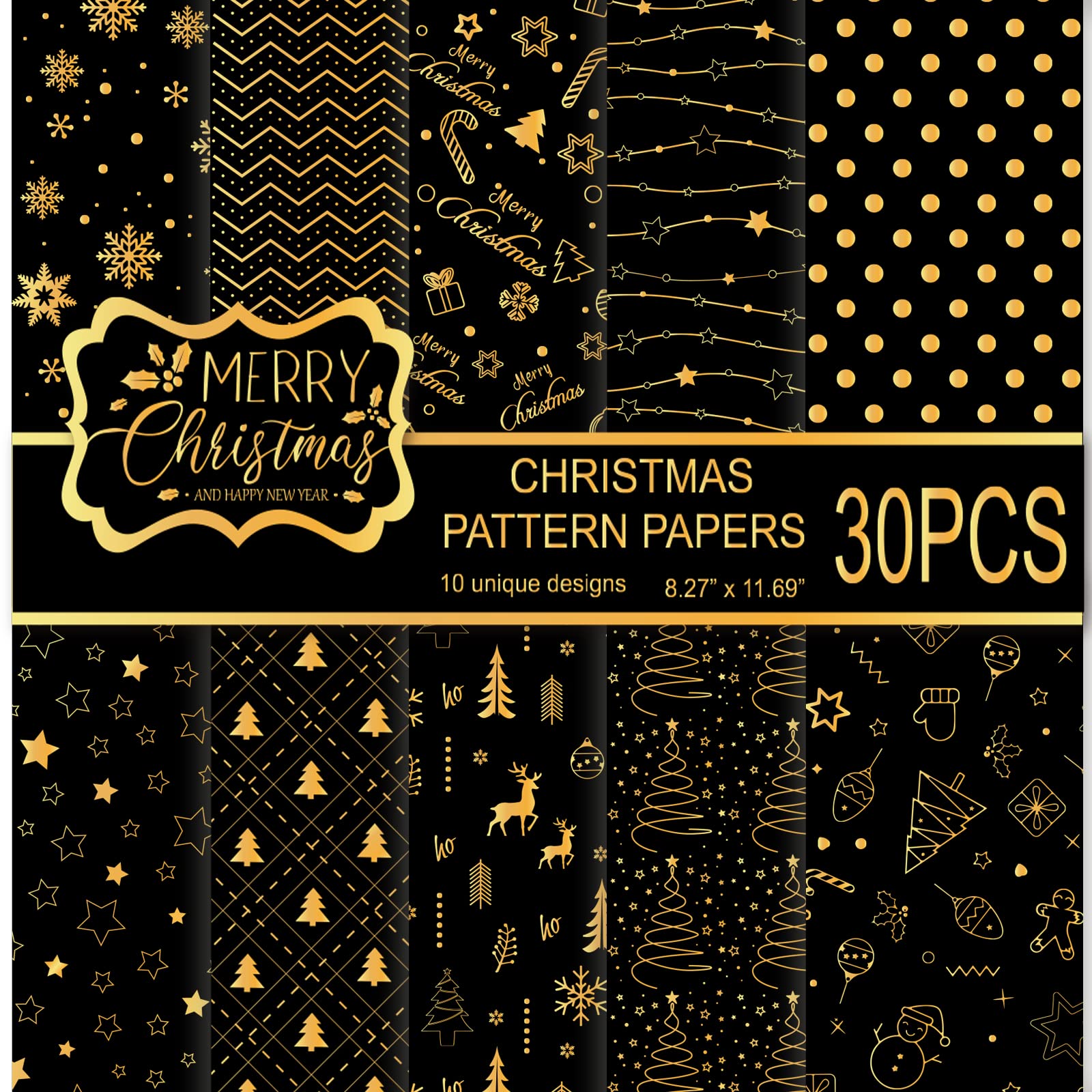 MIAHART 30 Sheets Christmas Pattern Paper Set A4 Size Black and Gold Festival Decorative Craft Paper Double-Sided for Card Making Scrapbook, 10 Designs