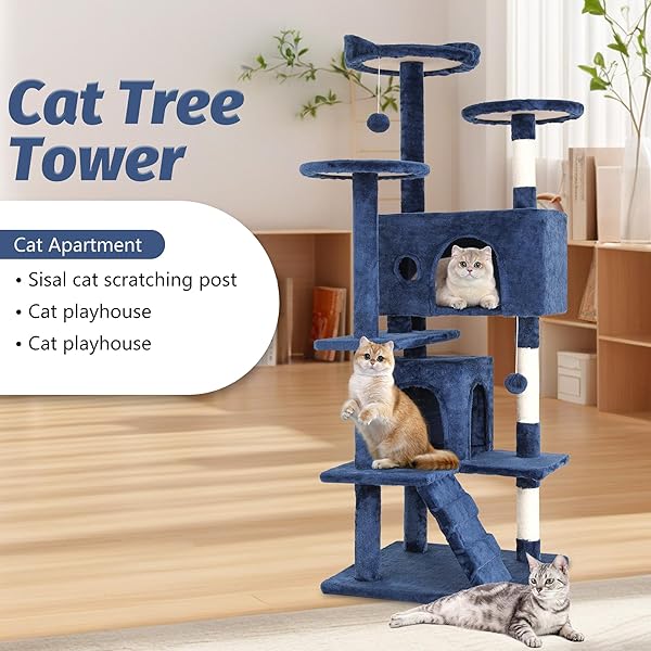 FDW | 54″ CAT TREE TOWER | DARK BLUE | MULTI-LEVEL INDOOR ACTIVITY CENTER WITH SISAL SCRATCHING POSTS, CONDOS, PLUSH PERCHES, HANGING CAT TOYS | STURDY, EASY TO ASSEMBLE | FOR KITTENS & ADULT CATS
