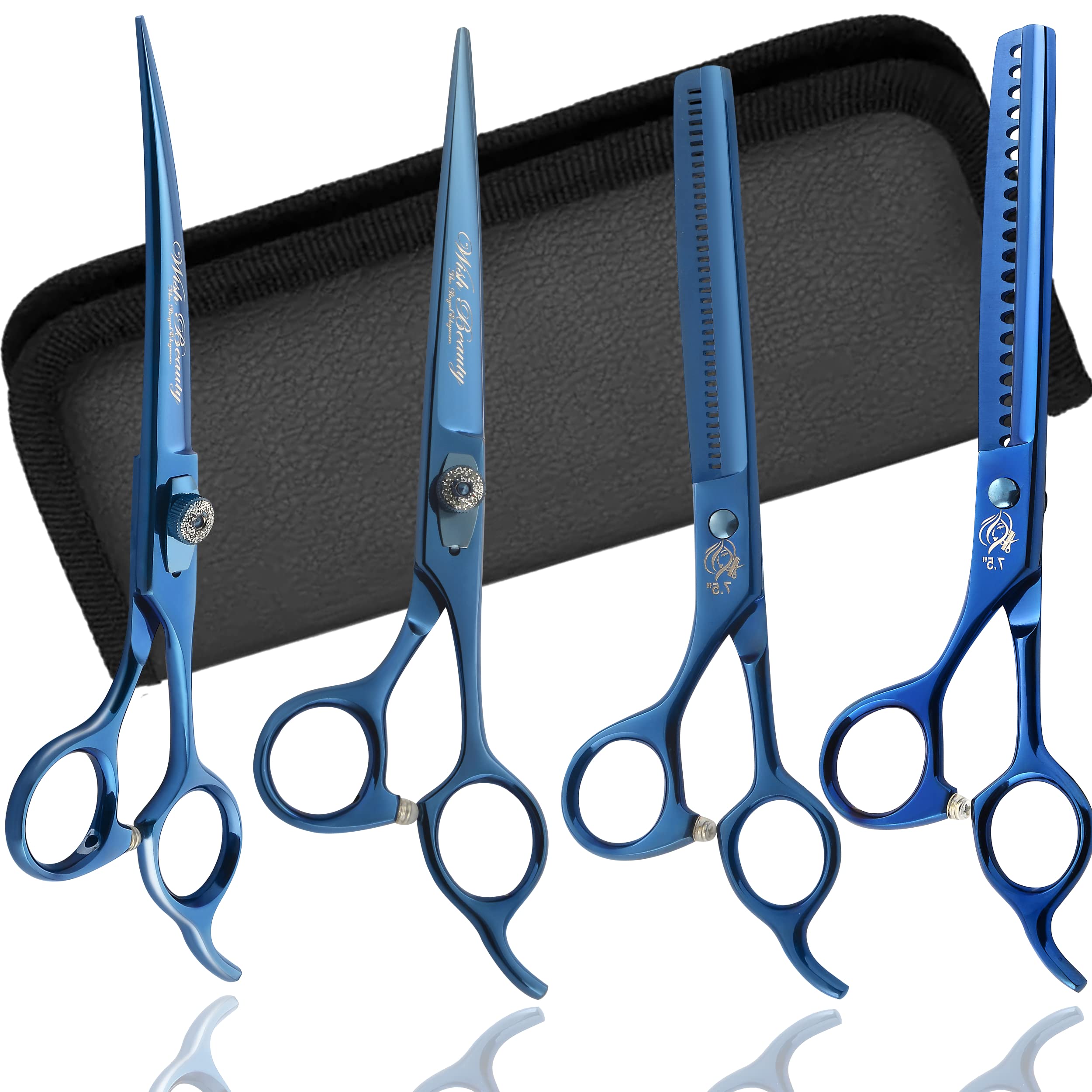 Wishbeauty - 7.5 Inches Professional Pet Grooming Scissors Set, 440C Japanese Steel Straight & Curved & Thinning & Chunker Shears/Scissors Kit for Dog Cat and More Pets (Blue)