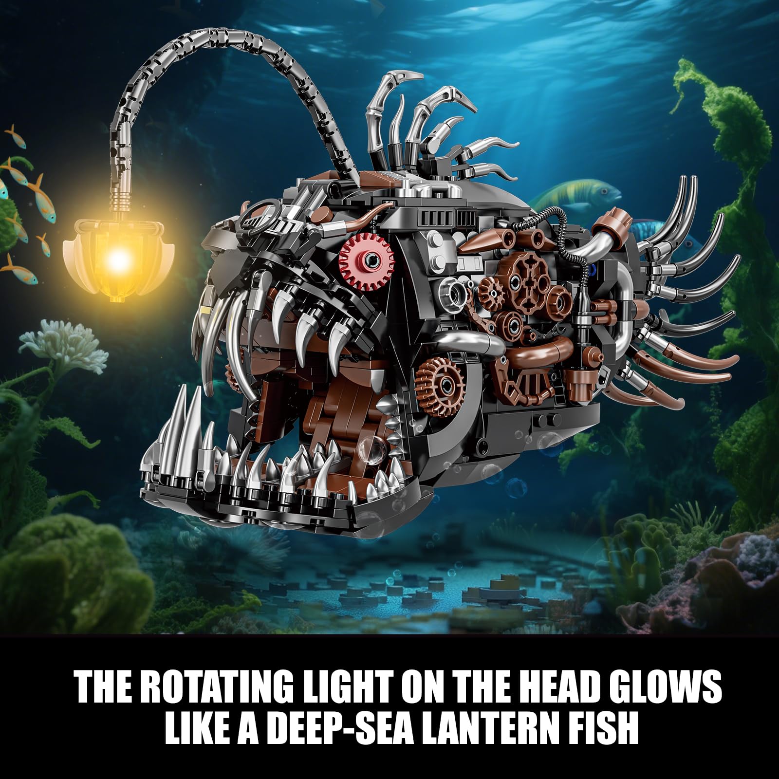 Mechanische Laternenfisch Bausteine Klemmbausteine mit Licht, Kompatibel mit Lego Set, 1038 Teile Meerestiere Anglerfisch Spielzeug für Home Deko, STEM Geschenk für Erwachsene Jugendliche Jungen 8-14+ 2