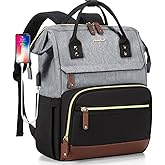 Focdod Laptop Backpack for Women Bag 15.6 Inch Work Business Backpacks Purse with USB Port Large Capacity Nurse Bag Backbag, Casual Daypack for Travel, Black-Grey-Brown