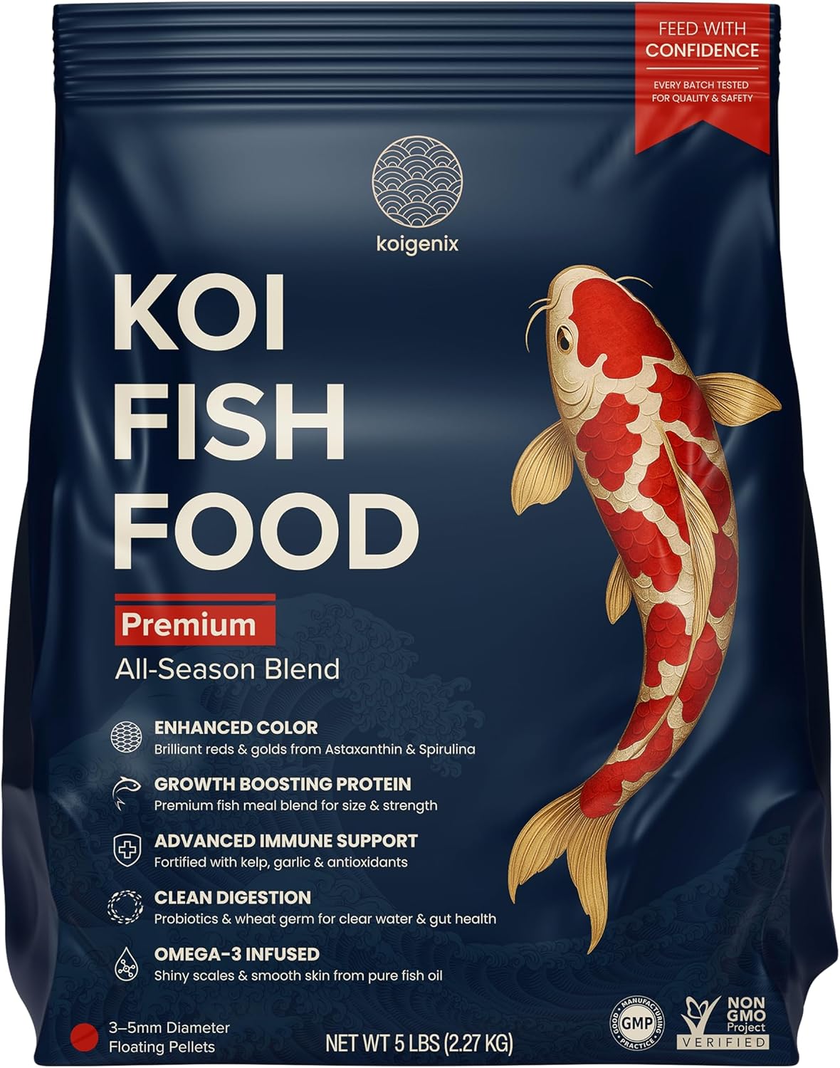 KOIGENIX Koi Fish Food (5lb) – Growth & Color Formula, High Protein Floating Pellets with Spirulina, Krill & Probiotics, Easy to Digest, Cleaner Water, All Season – for Koi, Goldfish & Pond Fish