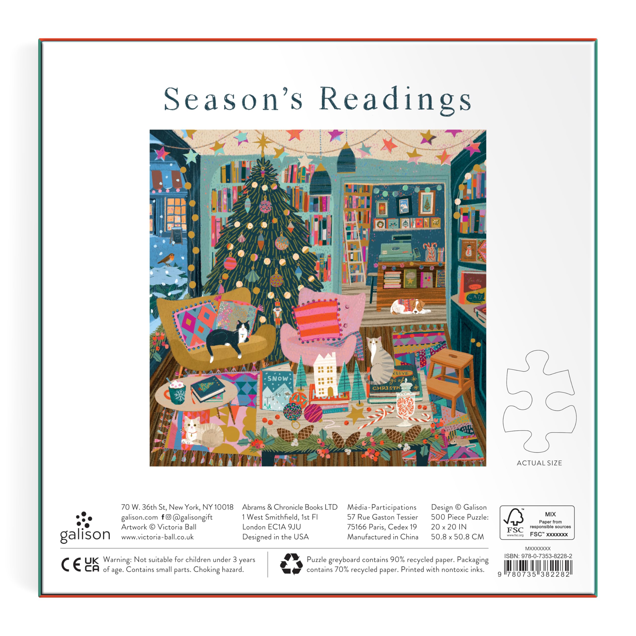 Galison Season's Reading – 500 Piece Foil Jigsaw Puzzle Featuring Beautiful Artwork of A Cozy Christmas Bookshop Scene with Gold Foil Accents