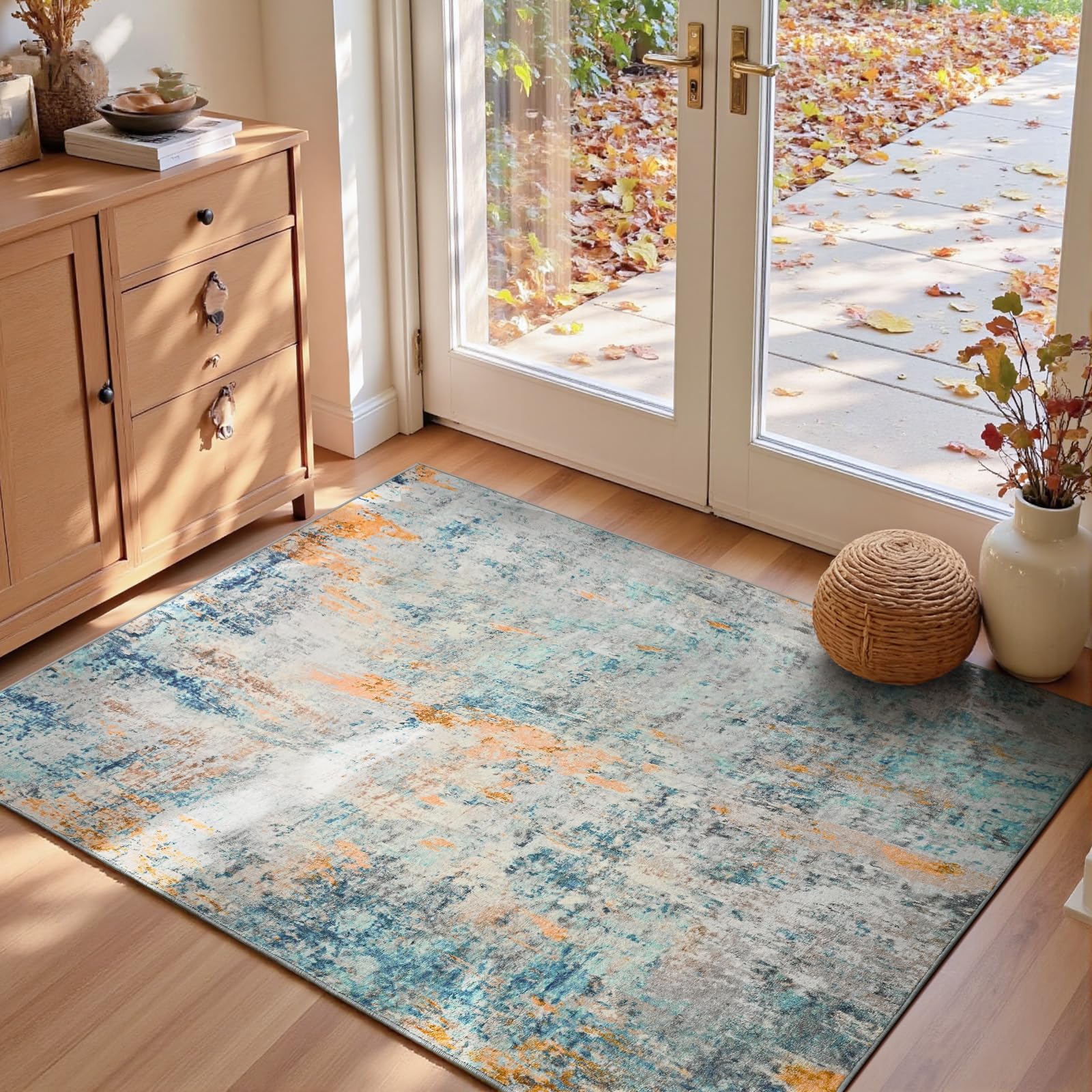 Entryway Rug 3x5 Blue Bedroom Area Rug Washable Non Slip Abstract Boho Rugs for Indoor Entry, Kitchen, Classroom, Bathroom, Kids Girls Room, Office, College Dorm Small Carpet Image
