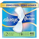 Always Infinity Feminine Pads for Women, Flexfoam Pads with Wings, Size 2, Heavy Absorbency, Unscented, 46 Count