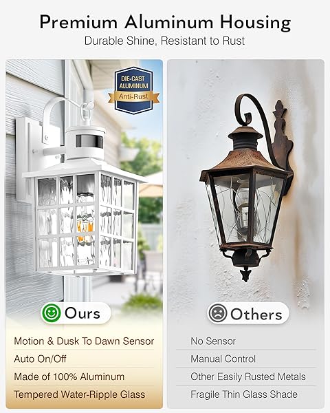 VIANIS WHITE MOTION SENSOR EXTERIOR WALL LANTERN, 2 PACK DUSK TO DAWN OUTDOOR LIGHT FIXTURE WALL MOUNT, ANTI-RUST MODERN OUTDOOR WALL SCONCE LIGHTING FOR HOUSE FRONT PORCH GARAGE WITH TEMPERED GLASS