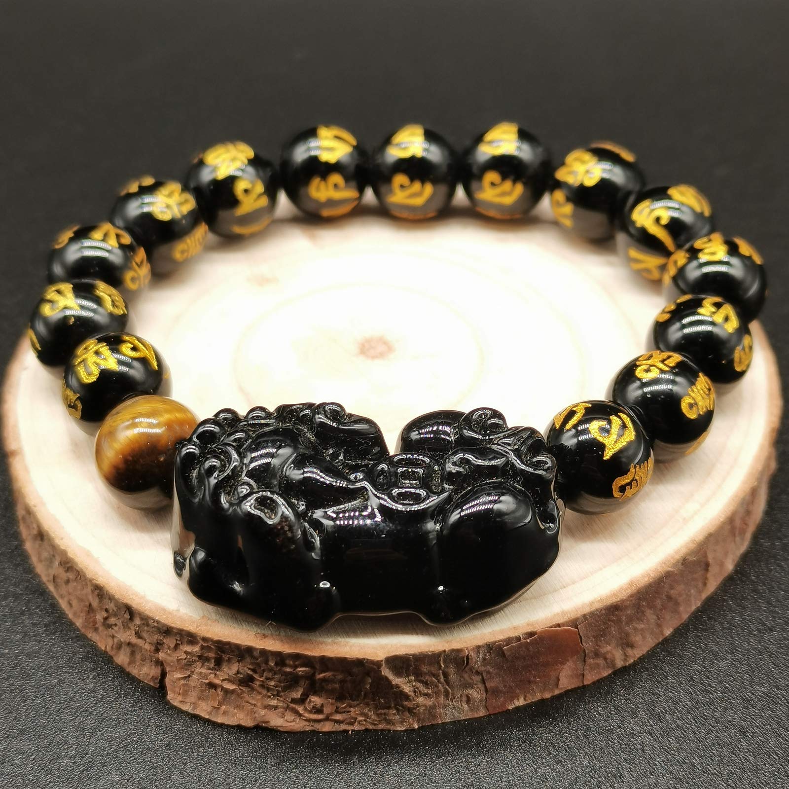 MANRUO Feng Shui The Best 10mm Black Hand Carved Mantra Bead Bracelet with Obsidian Pi Xiu/Pi Yao Lucky Wealthy Amulet Brecelet with Tiger's Eye/Black Stone