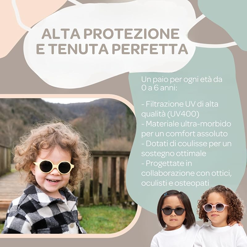 , Occhiali da Sole per Bambini 2-4 anni, 100% protezione UV - CAT 3, Protezione laterale, Comfort ottimale, Aste regolabili a 360°, Rosso