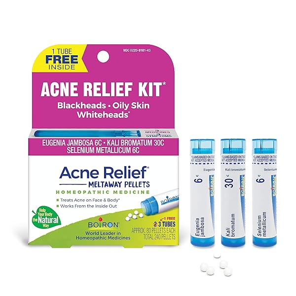 BOIRON ACNE RELIEF KIT FOR BLACKHEADS, OILY SKINS, WHITEHEADS ON THE FACE AND BODY – 3 COUNT (240 PELLETS)
