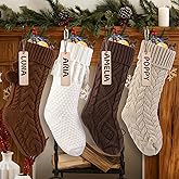 Teeanzo 4 Pack 18 Inches Christmas Knitted Hanging Stockings, Xmas Large Farmhouse Rustic Neutral Cable Knit Personal Stockings Decorations for Christmas Tree Fireplace Family Holiday Party Decor