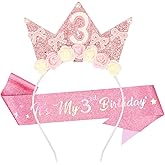 SuPoo 3rd Birthday Sash and Headband Crown Pink Bow 3rd Birthday Decorations for Girl Crown for Girls Princess Tiara Cute Glitter Hair Band 3 Year Old Party Decorations Outfit Gift