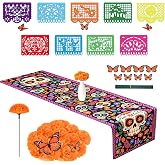 Dia De Los Muertos Decorations 64PCS Ofrenda Decorations for Altar - Artificial Marigold Flower Heads, Plastic Papel Picado, Monarch Butterfly, Linen Mexican Table Runner for Day of The Dead Decor Halloween Party Decorations