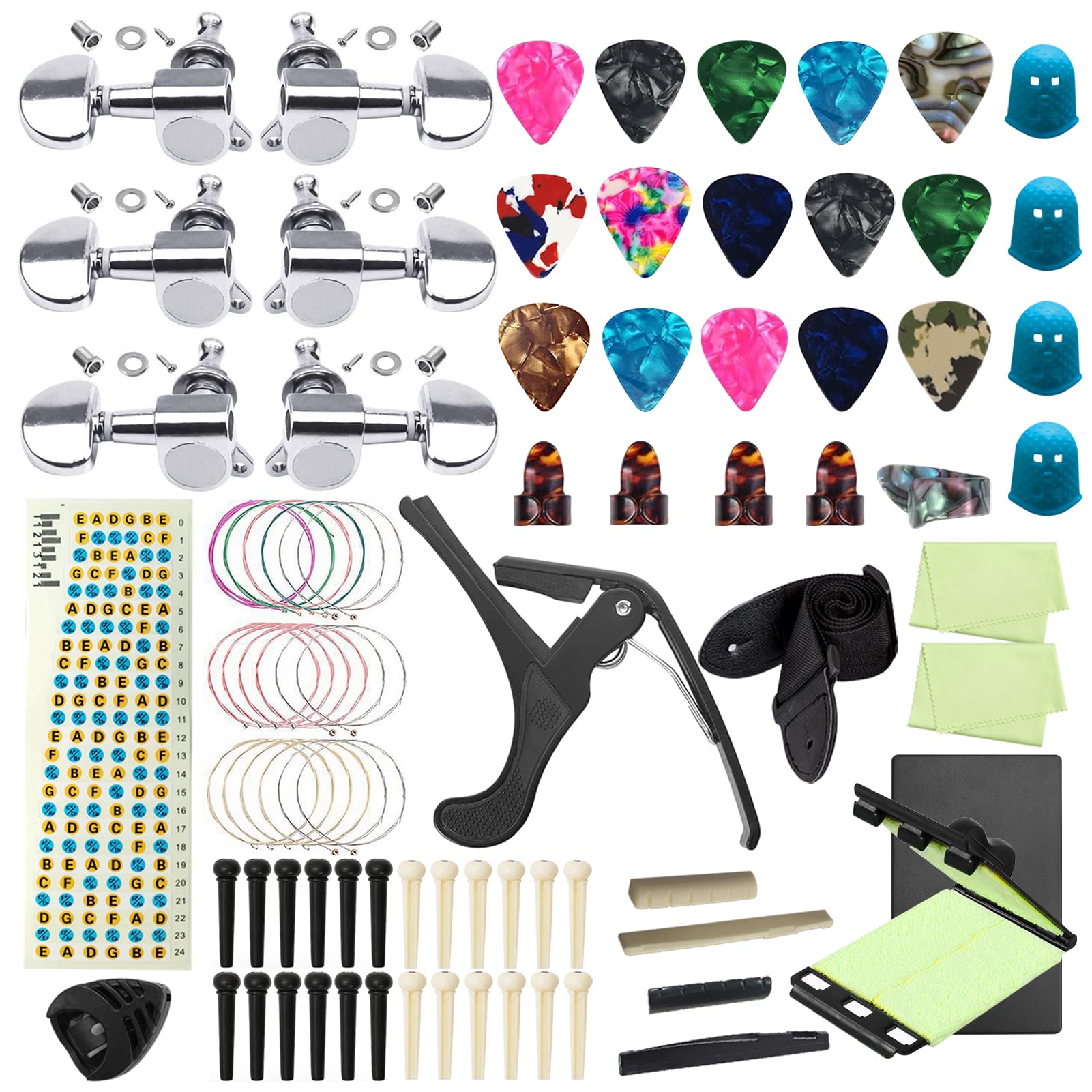 TTCR-II 84 PCS Guitar Accessories Kit with 6PCS 3L3R Acoustic Guitar Tuning Pegs, Guitar-Tuner,Guitar-Strap,Guitar-Capo,3 Set Guitar-Strings,10 Guitar-Picks, Guitar-Bridge Pins Saddle and Nuts etc.