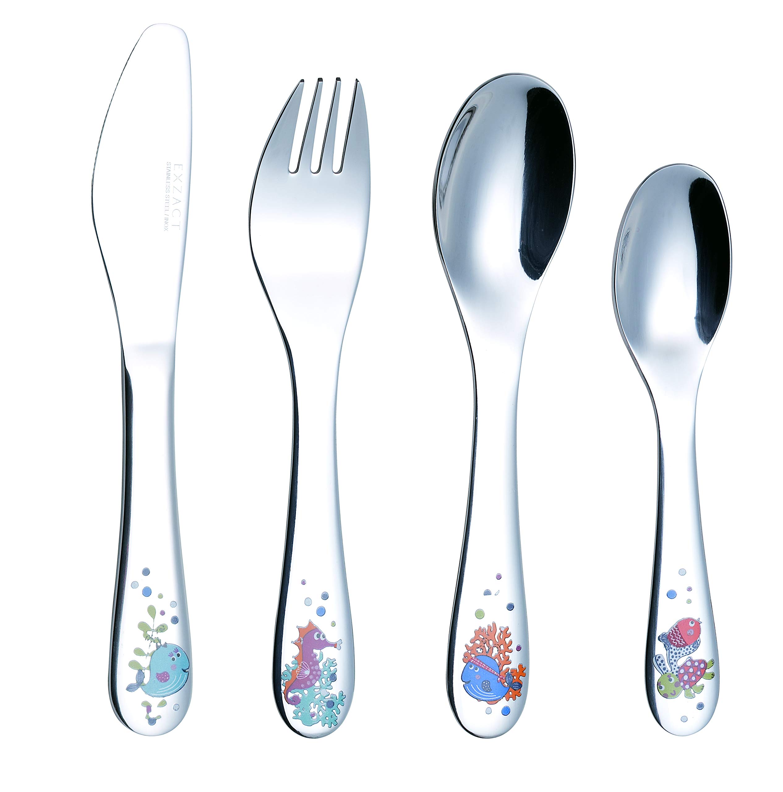 EXZACT Childrens Cutlery 4pcs Set Stainless Steel/Kids Cutlery/Toddler Utensils/Flatware - 1 x Fork, 1 x Safe Dinner Knife, 1 x Dinner Spoon, 1 x Dessert Spoon