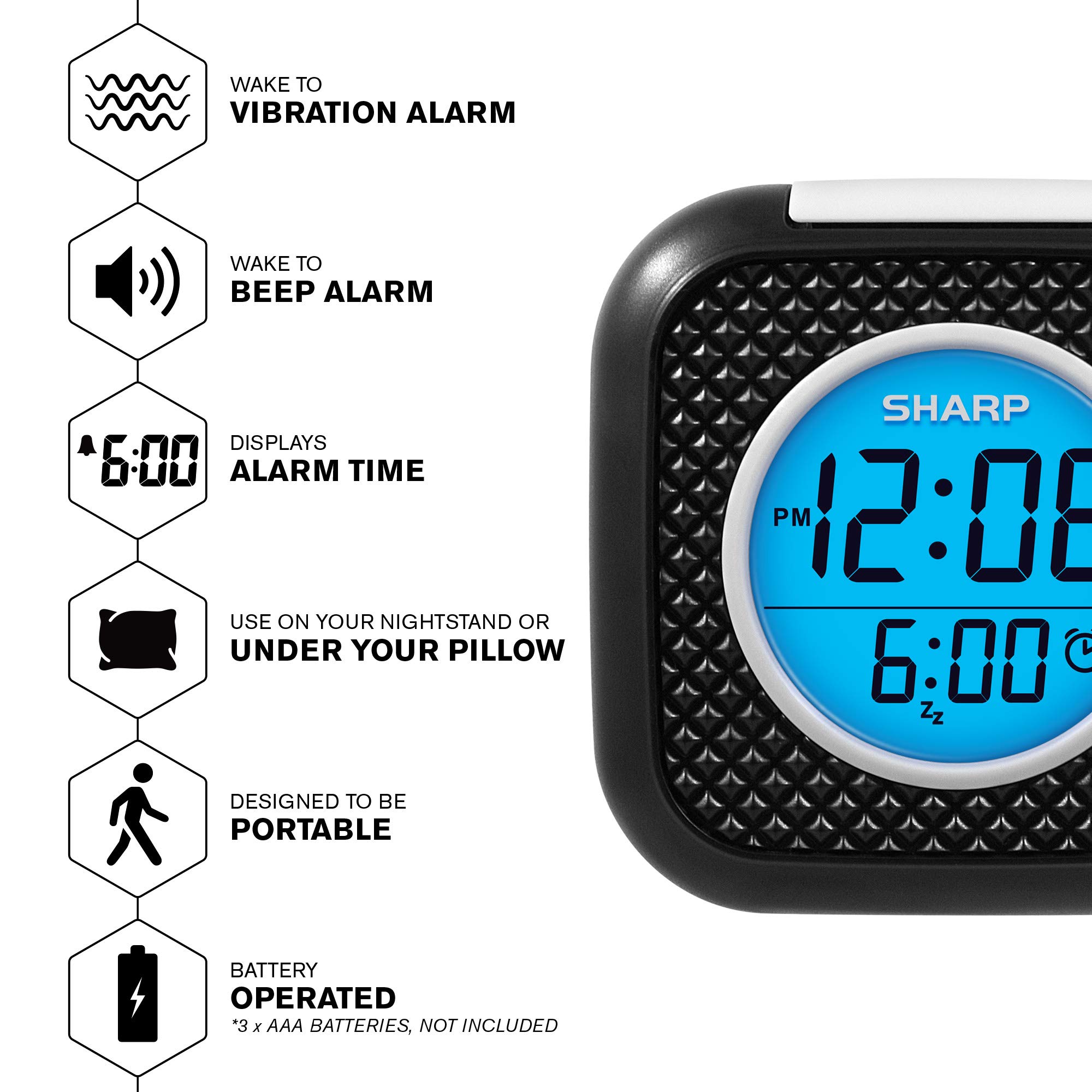 SHARP Pillow Personal Alarm Clock Wake To Vibration Or Beep! Use On