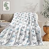 Ydbkt Coastal Ocean Beach Throw Blanket, Starfish Seashells Summer Fleece Blue Grey on White Blanket, Ocean Theme Lightweight Soft Cozy for Sofa Couch Bed Room Decor 50"x60"