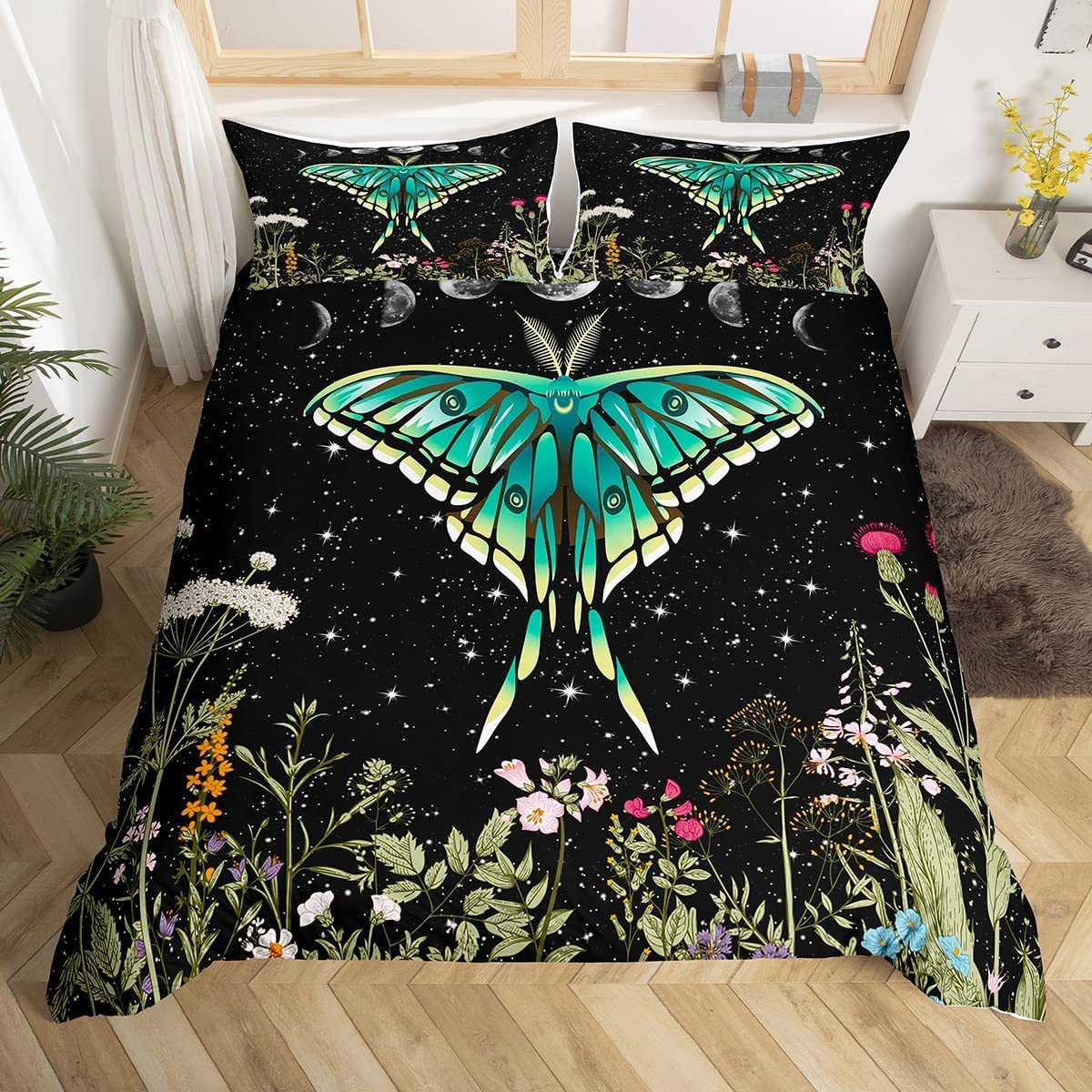 Wildflower Moth Butterfly Bedding Set for Kids Boys Moon Phase Botanical Black Comforter Set Vintage Plant Nature Blossom Leaf Floral Starry Sky Duvet Cover,Bohemian Bedspread Cover Double