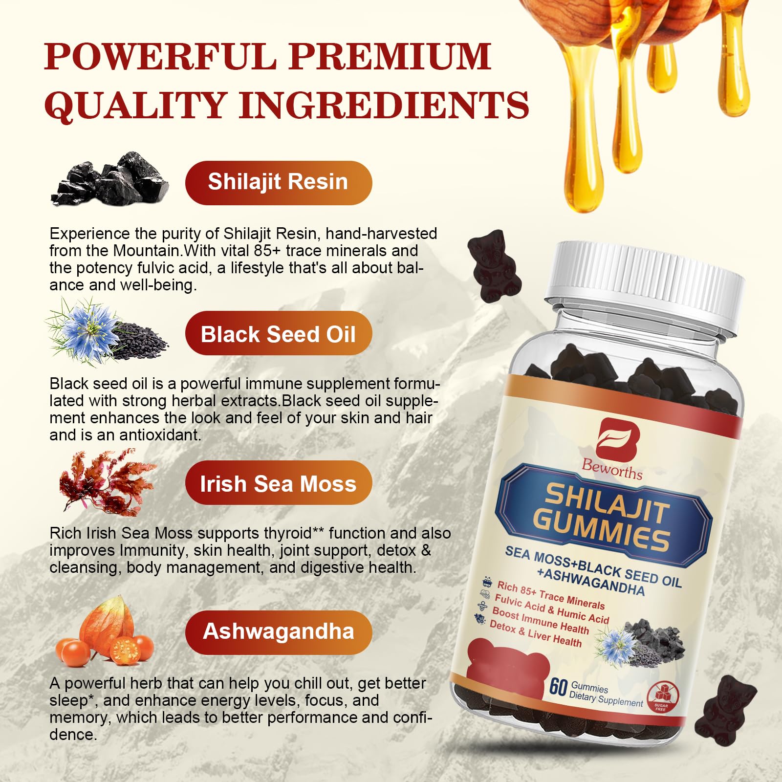 Shilajit Gummies for Men Women | 13-in-1 Shilajit Resin gummy with Irish Sea Moss, Ashwagandha, Black Seed Oil, Panax Ginseng, Honey, 85+ Trace Minerals & Fulvic Acid Supplement for Energy, Gut Health