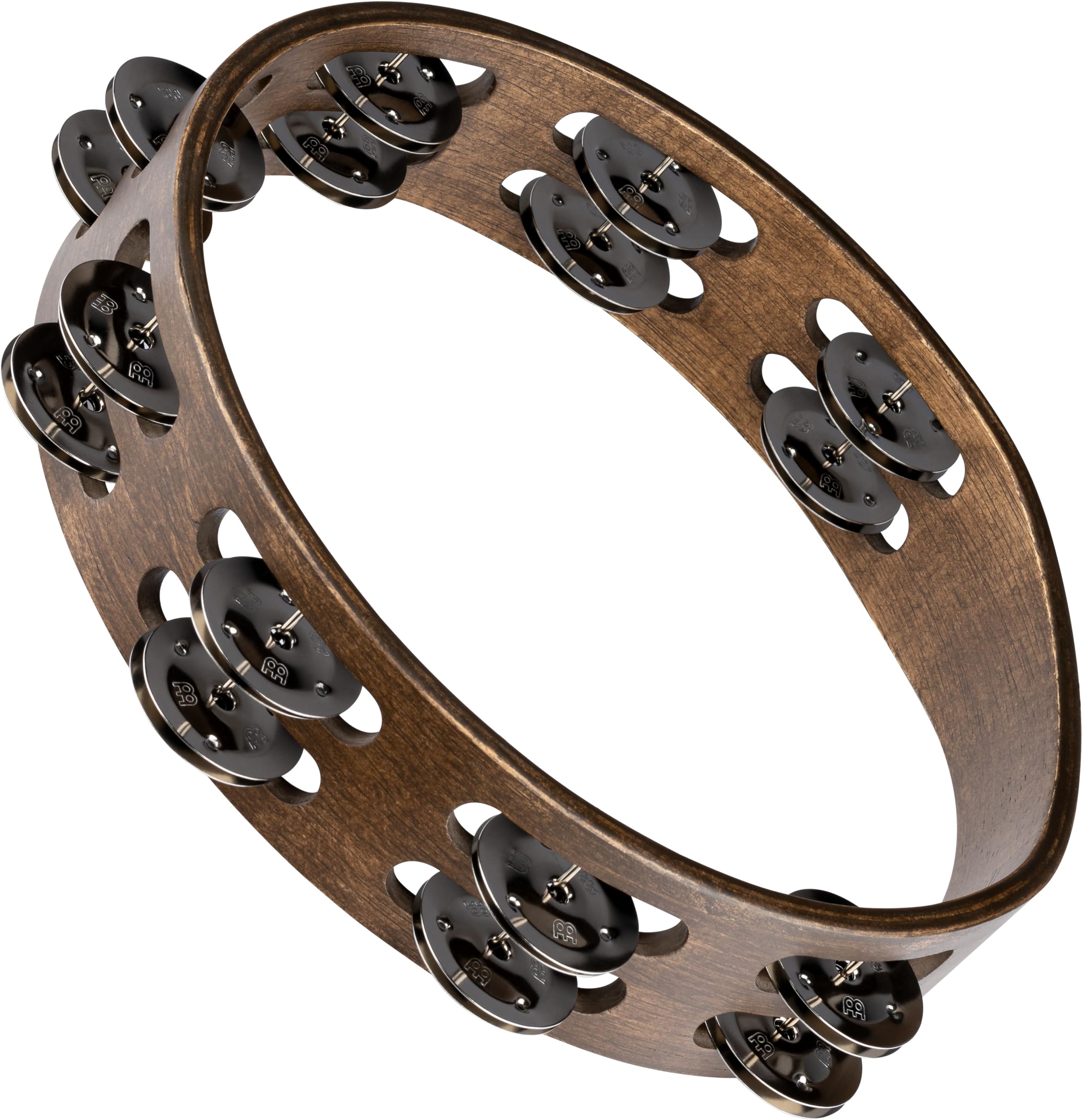 Meinl Percussion Traditional Wood Tambourine - 2-Row Tambourine - 10-inch Diameter - Siam Oak / Steel, Walnut Brown / Natural (TA2WB)