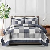 KALOOLA Farmhouse Quilt King Size - 100% Cotton Lightweight Quilted Bedding Set 3 Pcs, Cottage Printed Plaid Bedspread with 2 Pillow Shams, Reversible Bed Coverlet for All Season, Blue/Beige/White