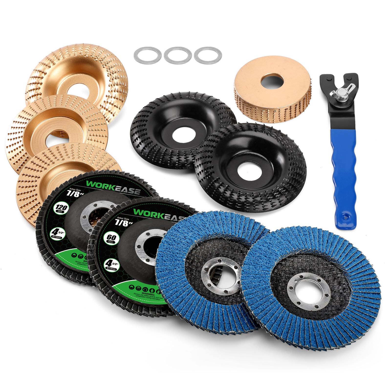 Photo 1 of 14pcs Wood Carving Disc Set for 4 in 4.5 in Angle Grinder, Woodworking Grinding Wheels Kit with 7/8"-5/8" Arbor for Quick Rough Cutting Shaping Sanding Polishing