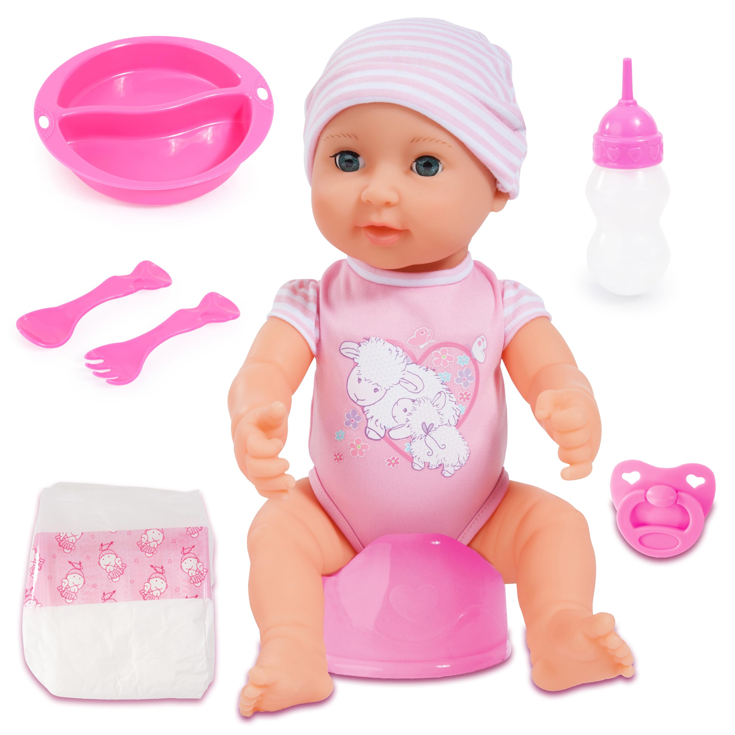 Bayer Design Piccolina New Born Baby Doll, sleeping eyes, hard body, drink and wet, accessories, Soft Pink, 40 cm (B2894071)