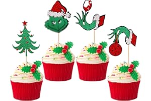 ZHUOWEISM 24 PCS Glitter Grin-ch Merry Christmas Cupcake Toppers Red Green Christmas Tree Drink Up Grinches Grin-chmas Cupcake Picks for Merry Christmas Holiday Theme Birthday Party Cake Decorations Supplies