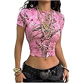 Milumia Women's Y2k Camo Print Short Sleeve T Shirt Crew Neck Fitted Going Out Crop Tops