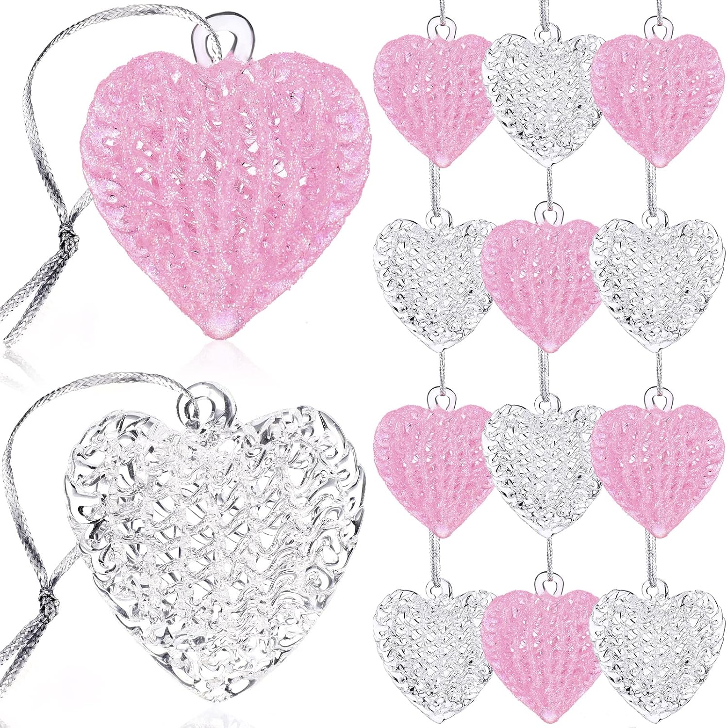 Ornaments - 12 Pieces Valentine's Heart Glass Ornaments Set Clear Crystal Pink White Glass Heart Shape Decorations Spun Hanging Ornament Valentines Heart Decoration Holiday Anniversary Valentine's Day Baby Shower