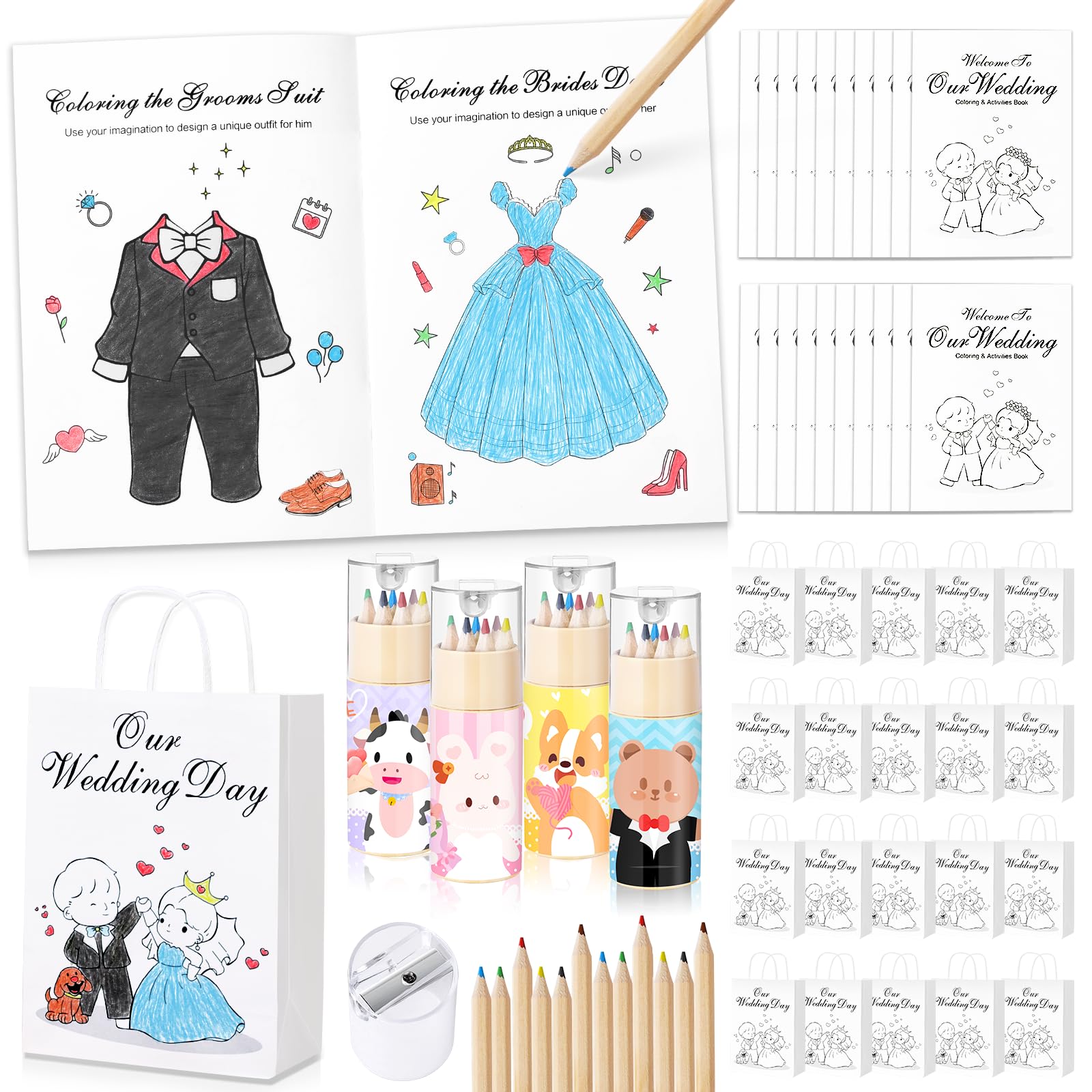 Photo 1 of GeeSound 80 Pcs Wedding Coloring Activities Books for Kids: 20 Set Wedding Games Favors Including Colored Pencils Sharpener Wedding Activities Book Goodie Bags Sticker for Children Party Supplies